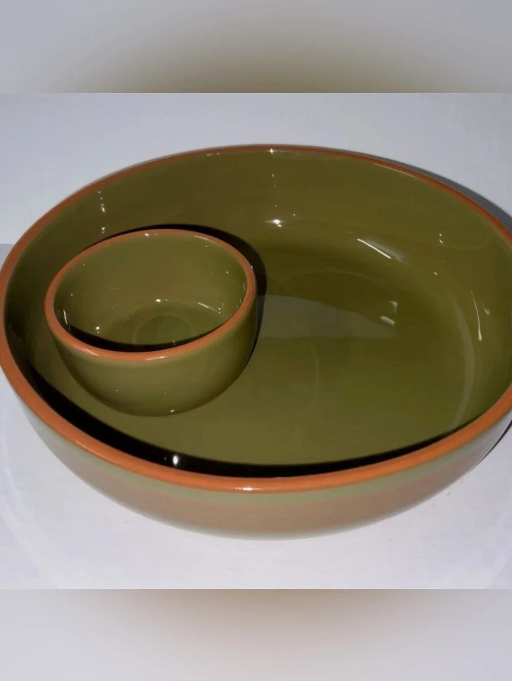 Terracotta Pottery Chip & Dip Serve Bowl Olive/Brown 10.5